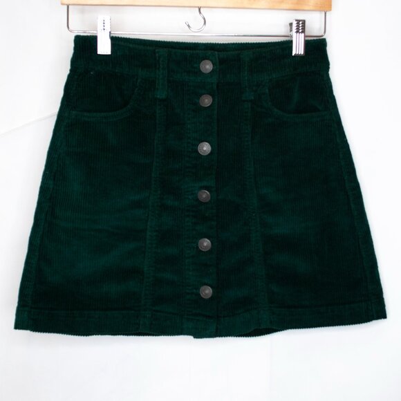 American Eagle A-Line Corduroy Mini Skirt Womens 0 Green Button Front G09X - Picture 1 of 5